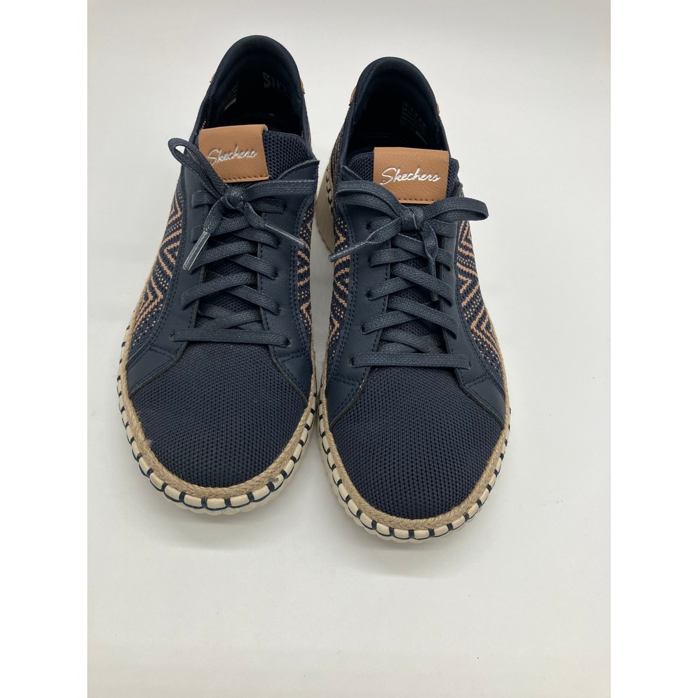 Skechers Womens Navy Tan Geometric Canvas Sneakers Lace Up Low Top Shoes Size 8